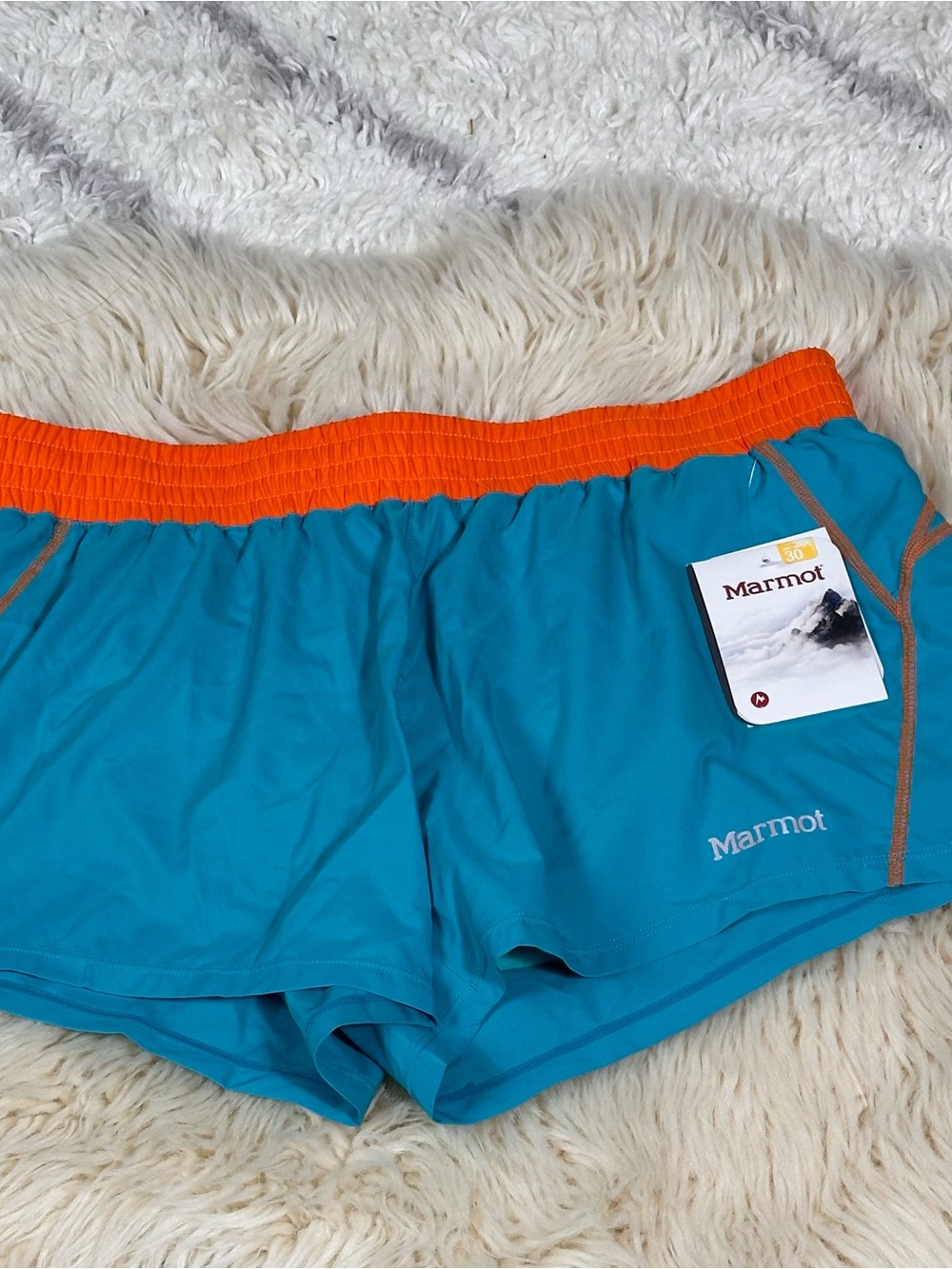 Marmot Teal Workout Shorts with Bright Orange Waistband